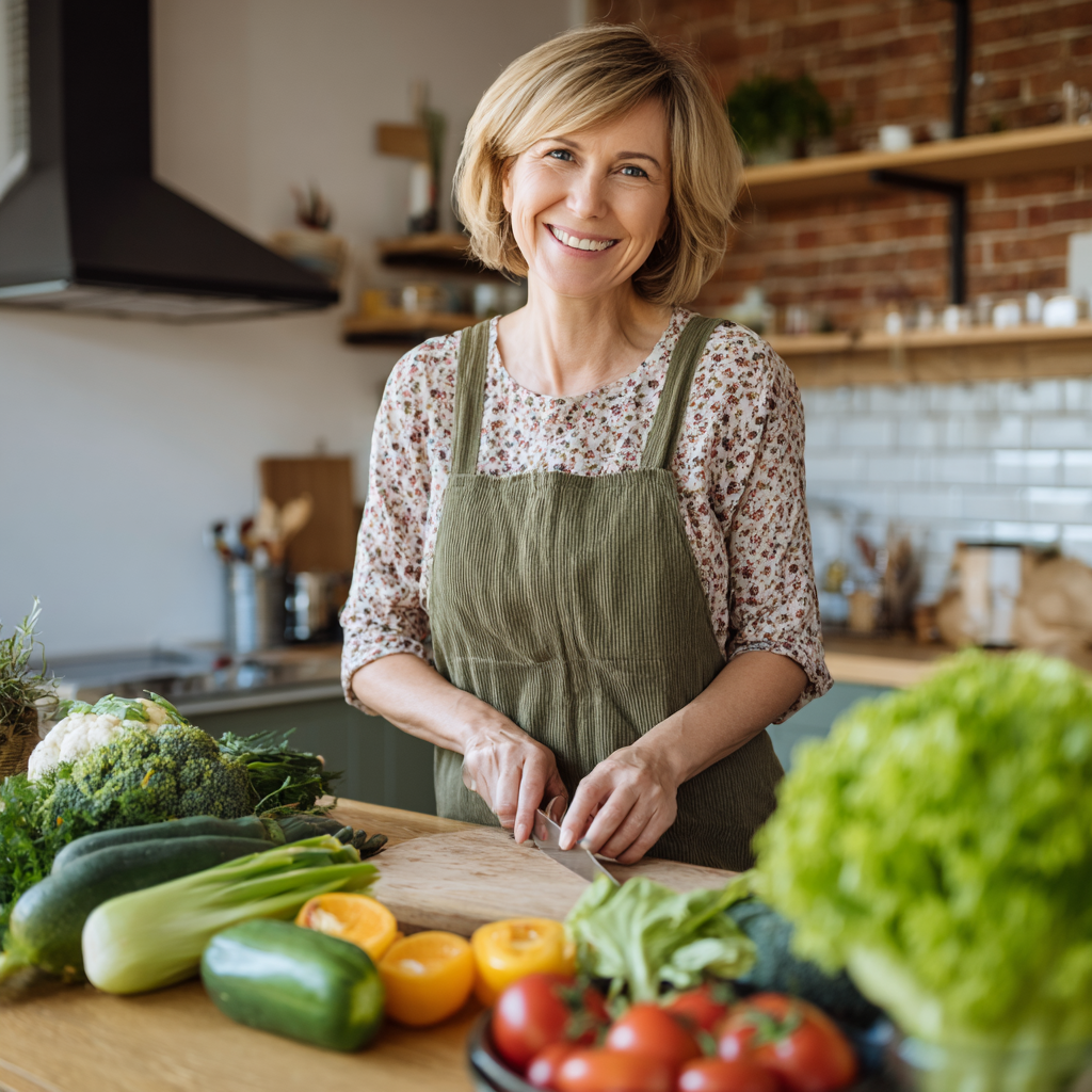 Smiling middle-aged Ukrainian woman preparing fresh vegetables in a bright modern kitchen, demonstrating healthy meal preparation