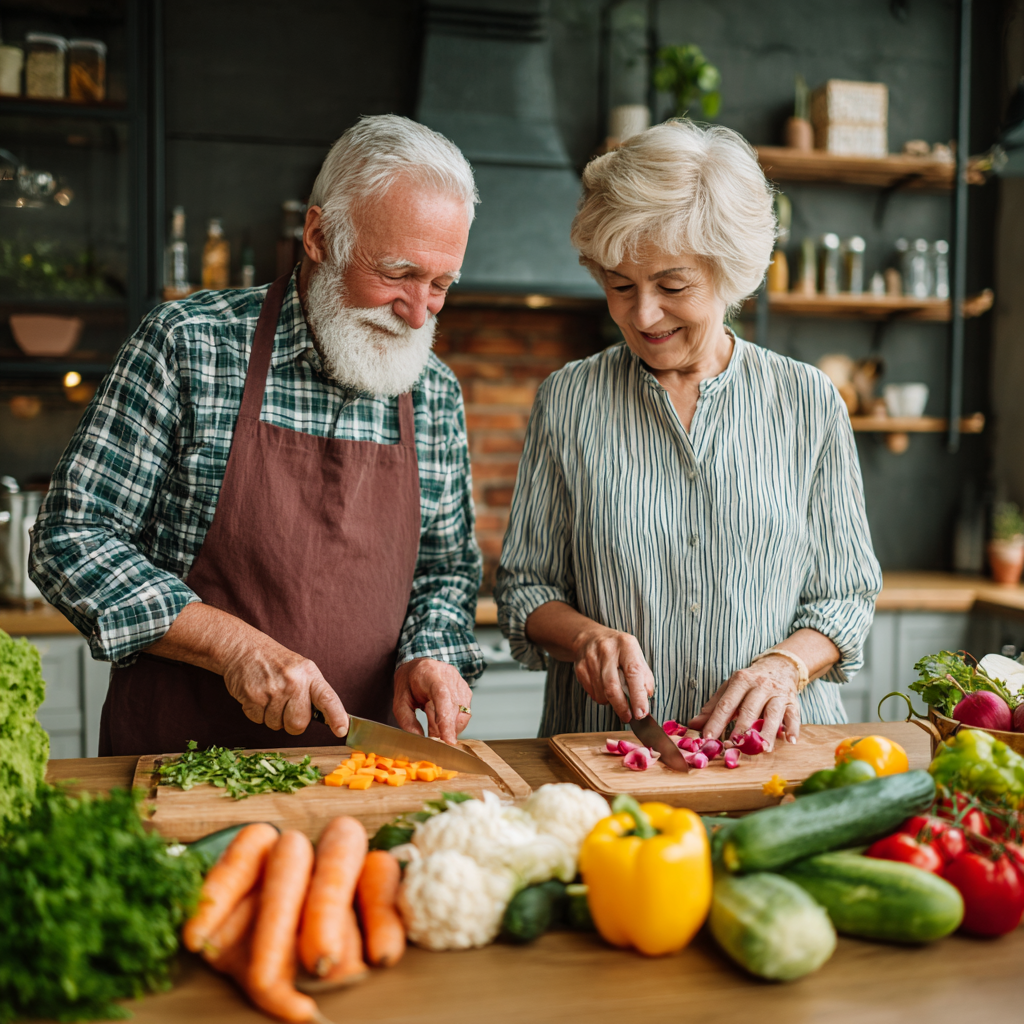 Cheerful Ukrainian senior man holding fresh groceries and a meal plan, standing in front of his home, representing successful healthy lifestyle transformation